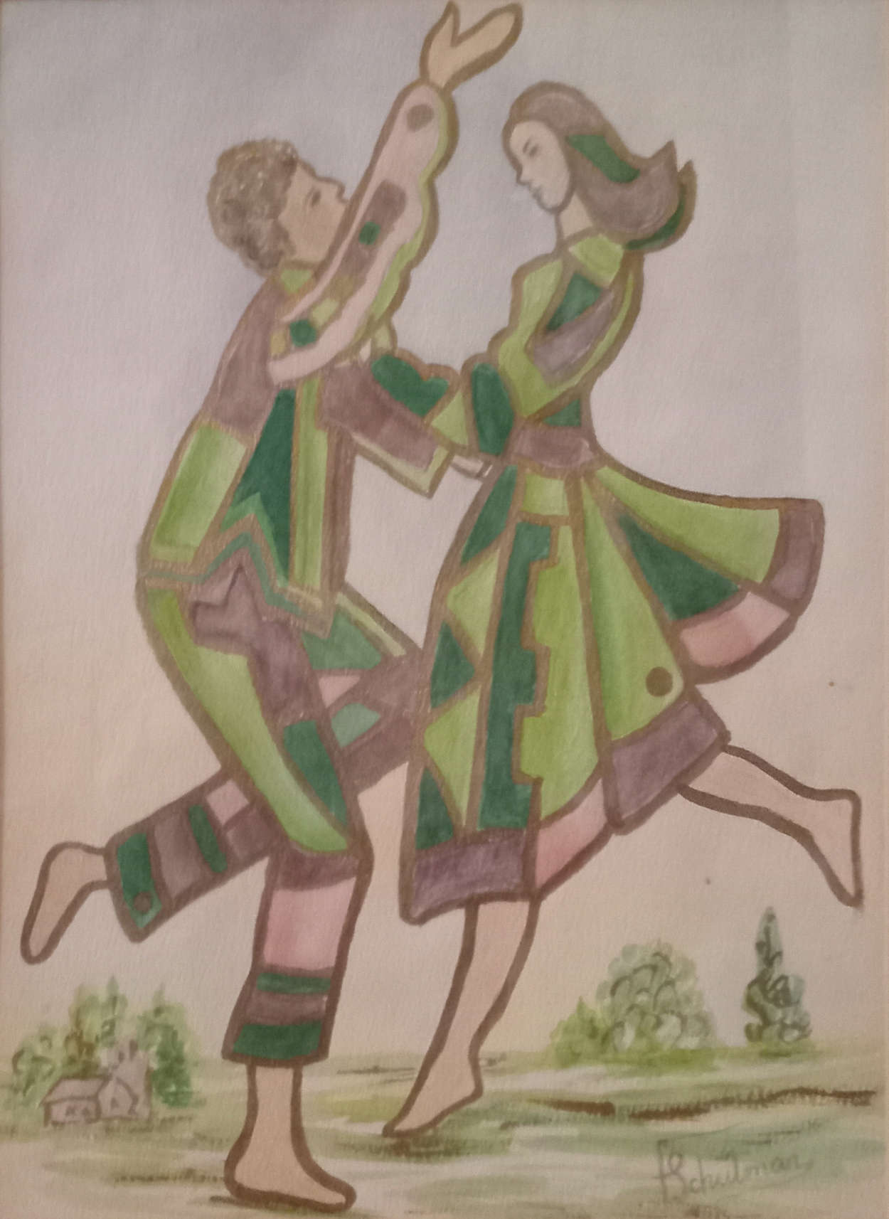 A boy and girl dancing with a farmhouse in the background
