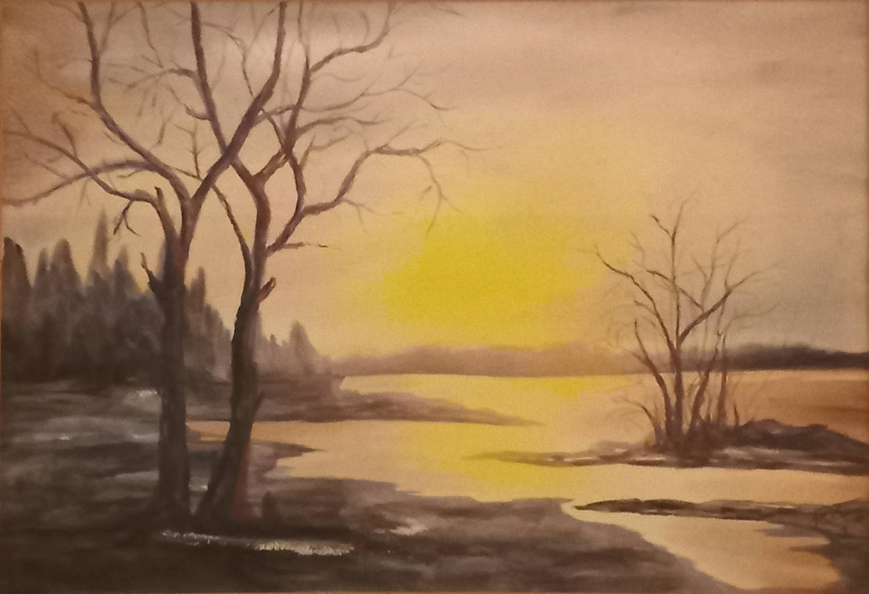 Another painting of trees in winter. This one has a golden sky.