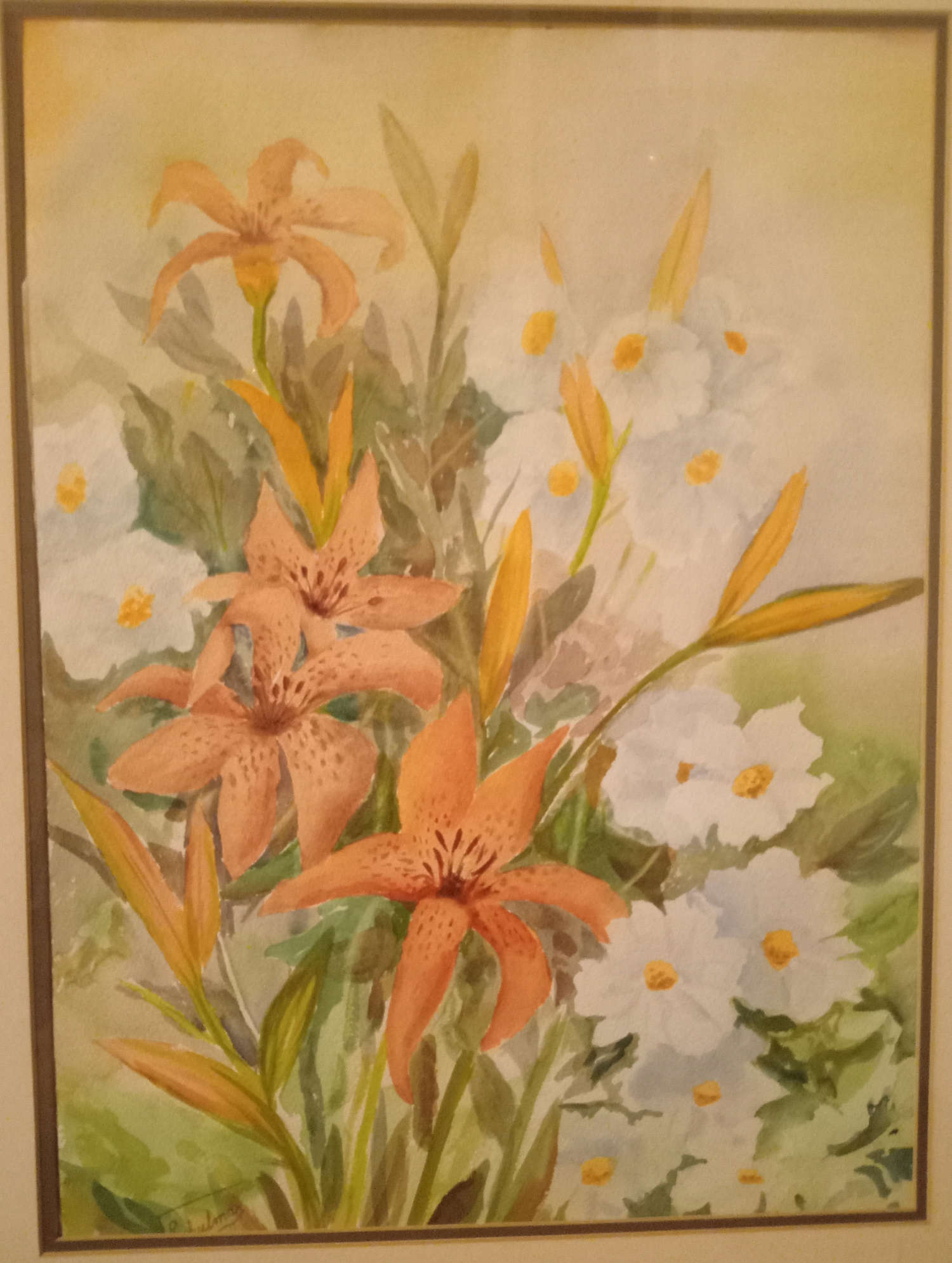 This is a painting of a cluster of daffodills and another white flower This is a painting of a cluster of daffodills and another white flower