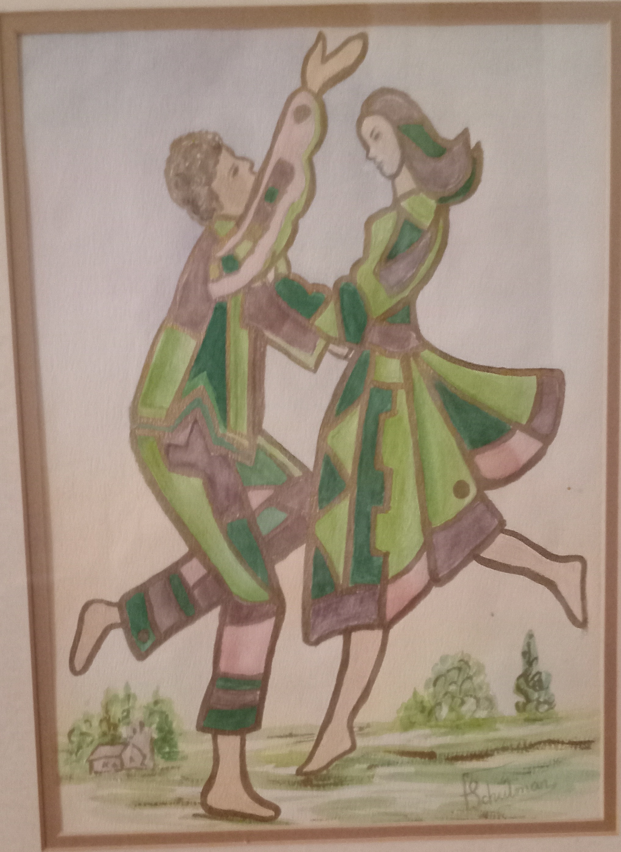 Two dancers with small cottage in the background Two dancers with small cottage in the background