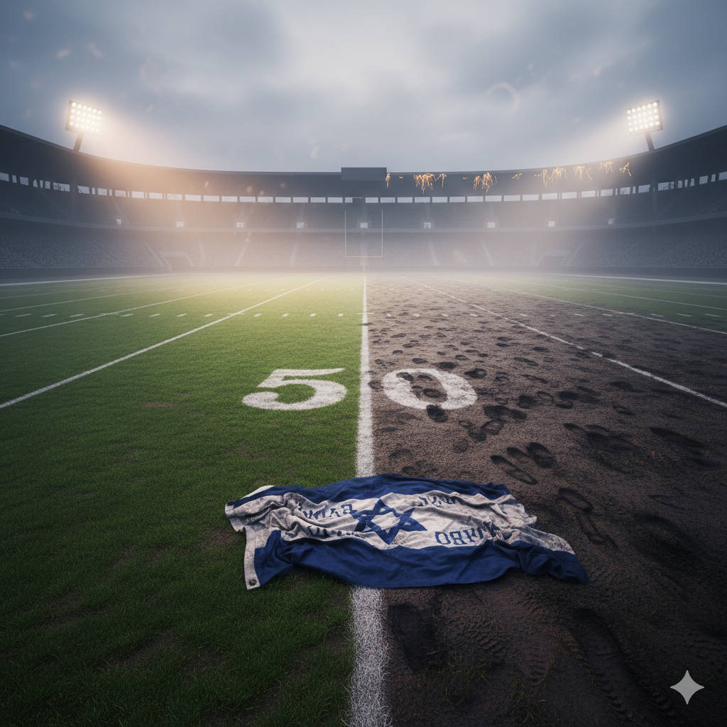 An empty football field with a fallen Star of David flag An empty football field with a fallen Star of David flag